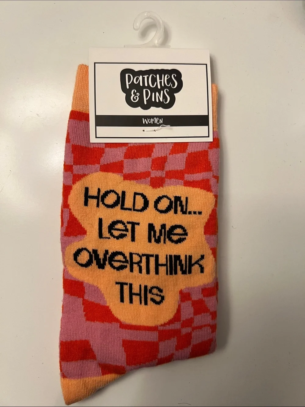 Patches & Pins - Pink & Orange Novelty Socks - Hold On... Let Me Overthink This